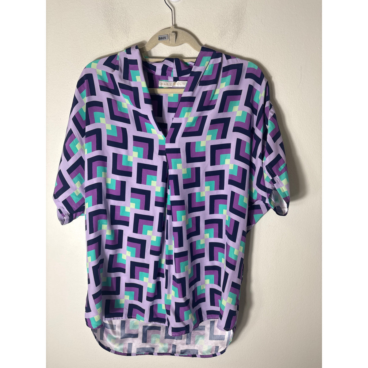 Marie Oliver Purple Geo Print Short Sleeve V Neck Tunic Sz M