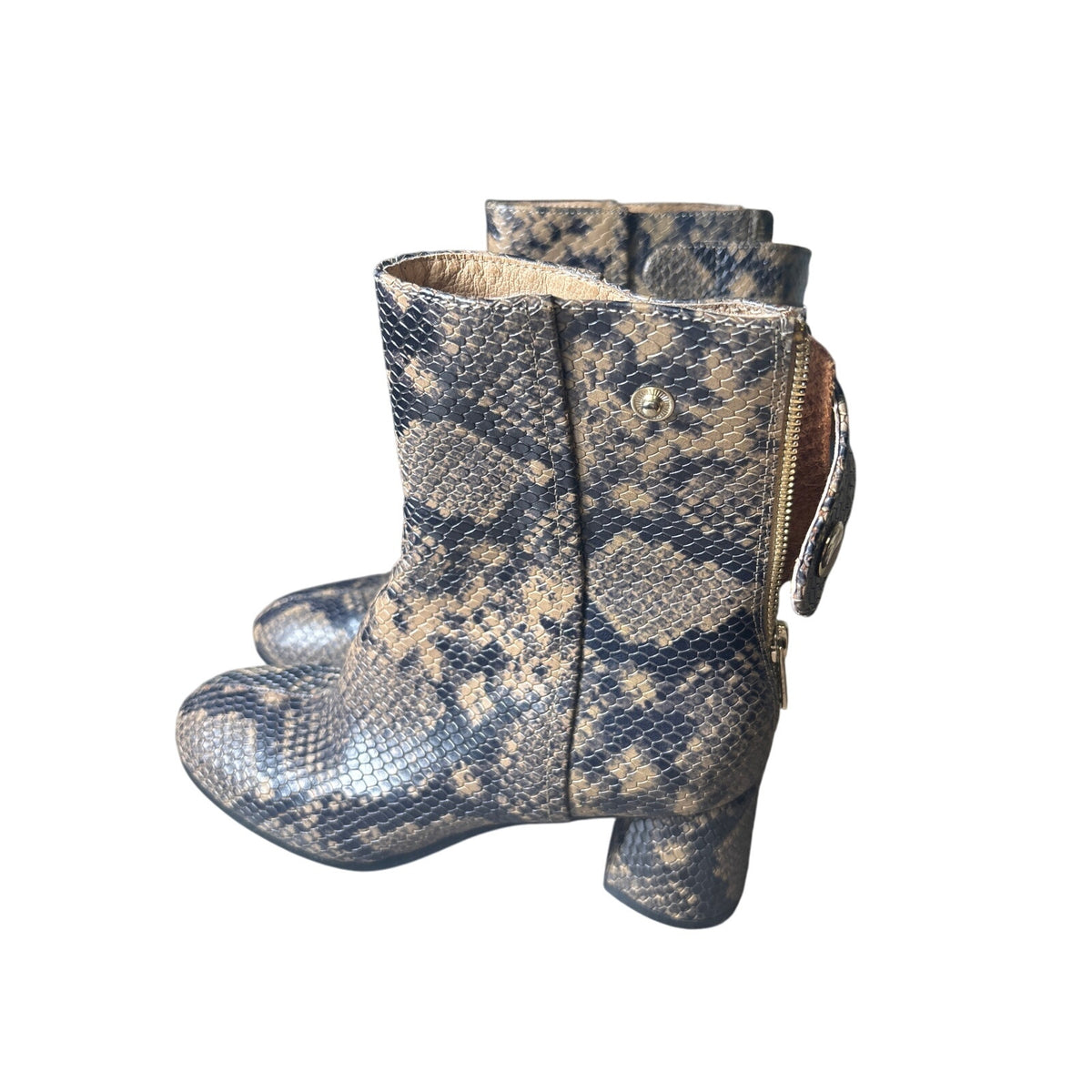 Joie Leather Black Tan Snakeskin Back Zip Ankle Bootie Sz 37.5