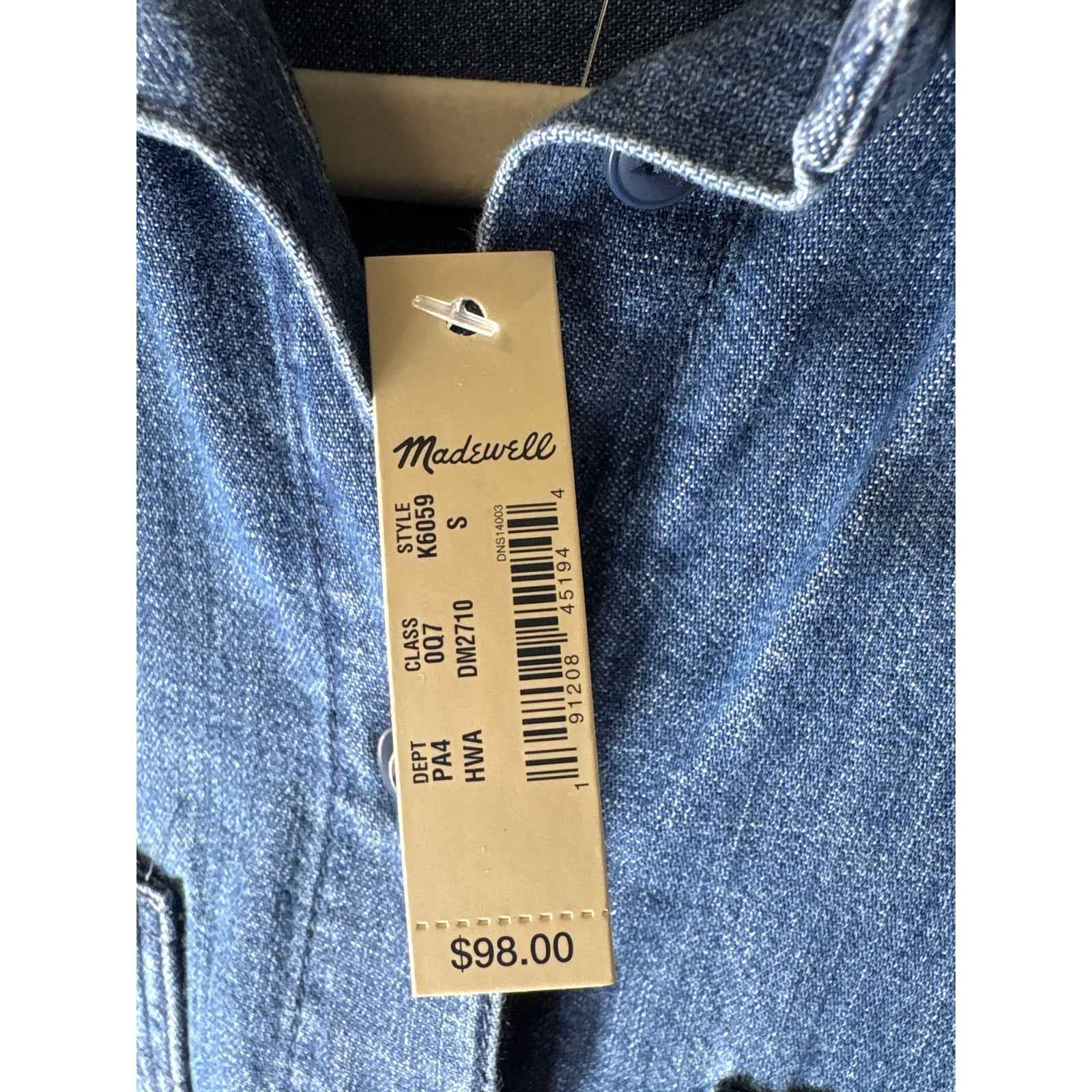 NWT Madewell Denim Long Sleeve Mini Dress Sz S