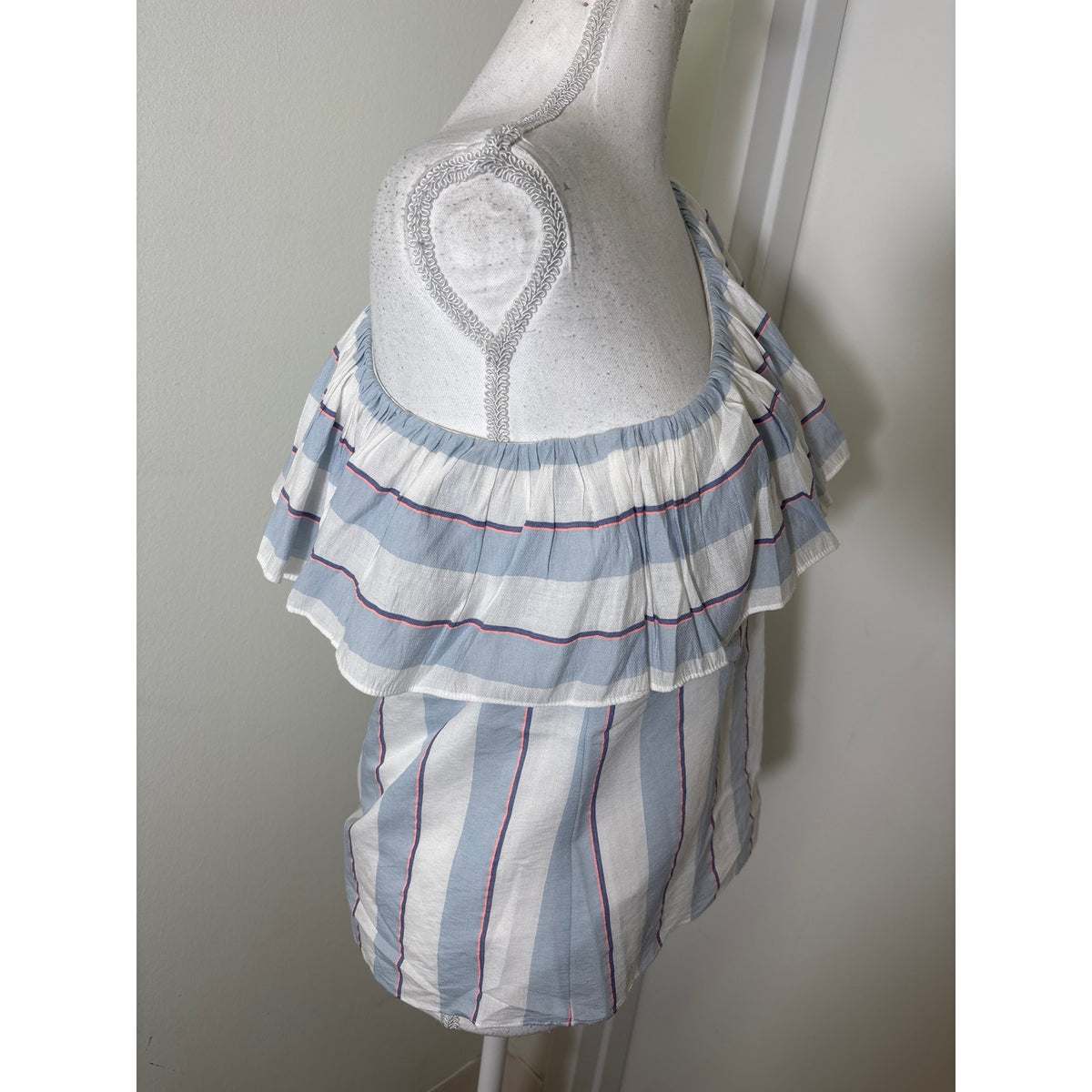 Parker One Ruffle Shoulder Blue and White Stripe Top Sz S