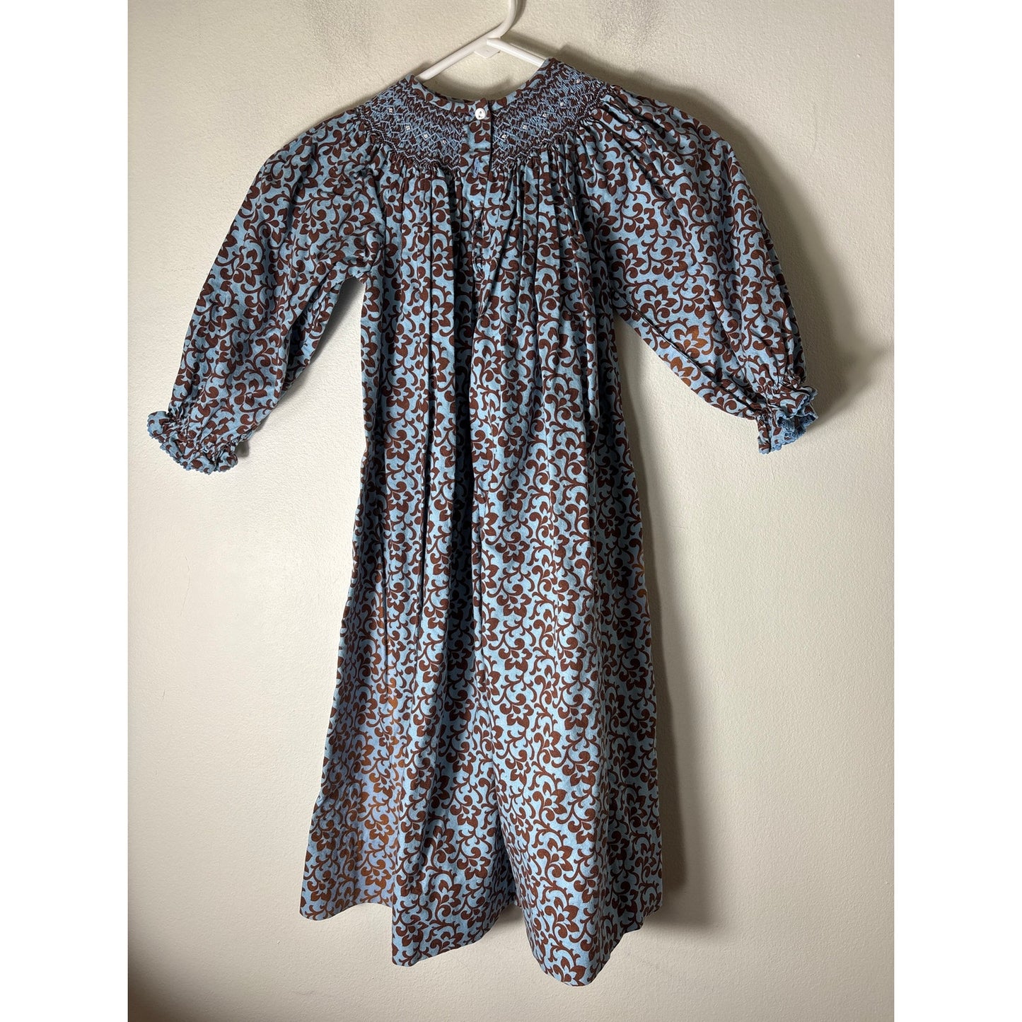Girls Vintage Amanda Remembered Blue&Brown Print 3/4 Sleeves Smocked Dress Sz 6