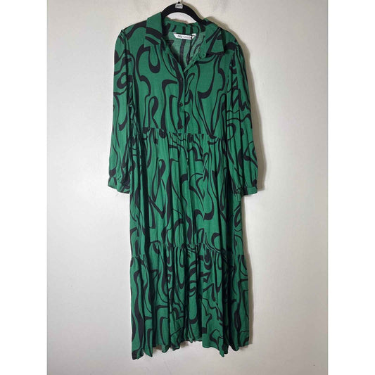 Zara Green and Black Long Sleeve Maxi Dress Sz M