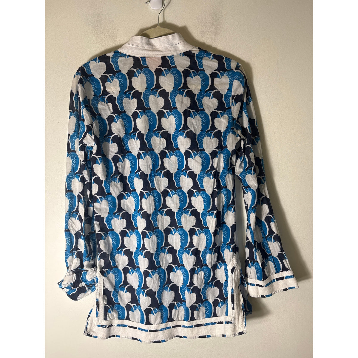 Tory Burch Blue Black Leaf Print Long Sleeve Cotton Tunic Sz 4