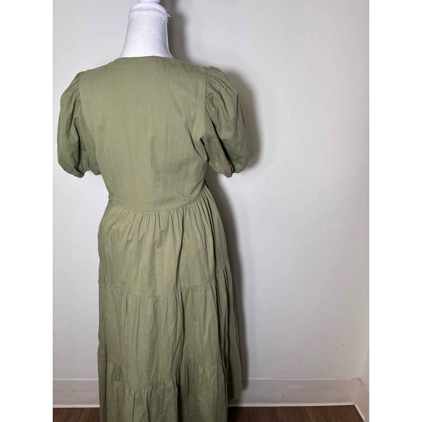 Hyacinth House Hunter Green Puff Sleeve V-Neck Cotton Maxi Dress Sz XS