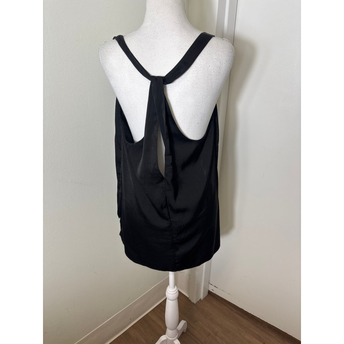BCBG Black Silky Tank Shirt with High Low Hem and T Back Sz L