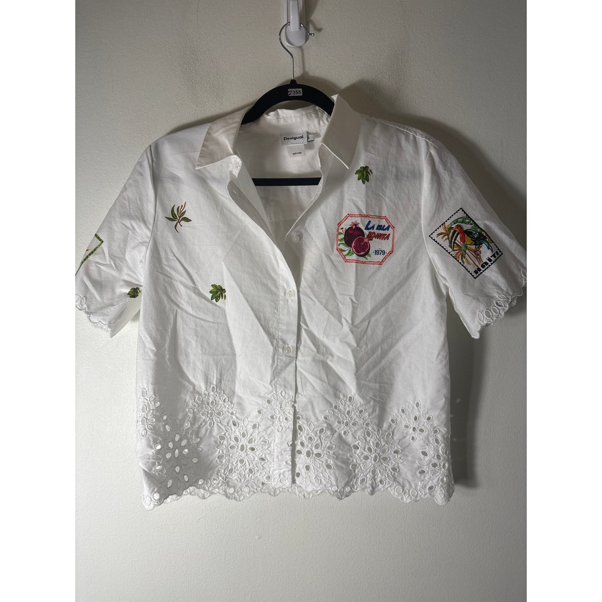 Desigual White Eyelet Short Sleeve Resort Wear Shirt Sz S
