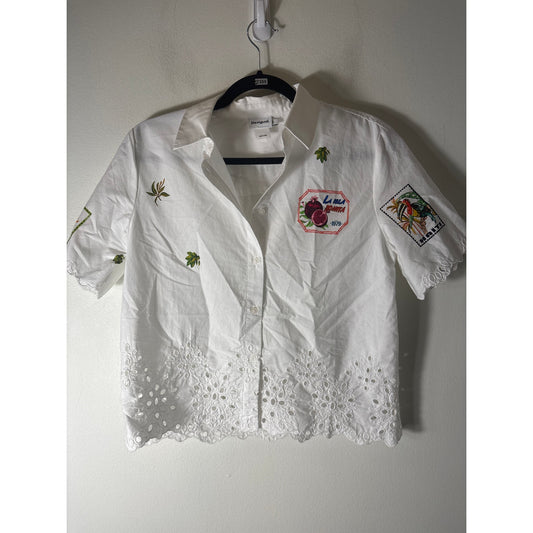 Desigual White Eyelet Short Sleeve Resort Wear Shirt Sz S