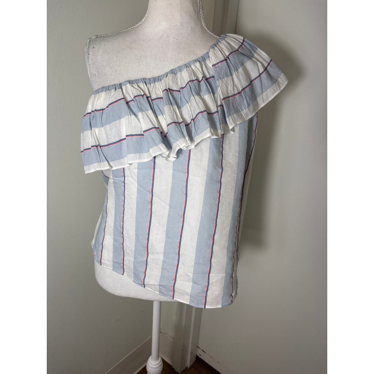 Parker One Ruffle Shoulder Blue and White Stripe Top Sz S