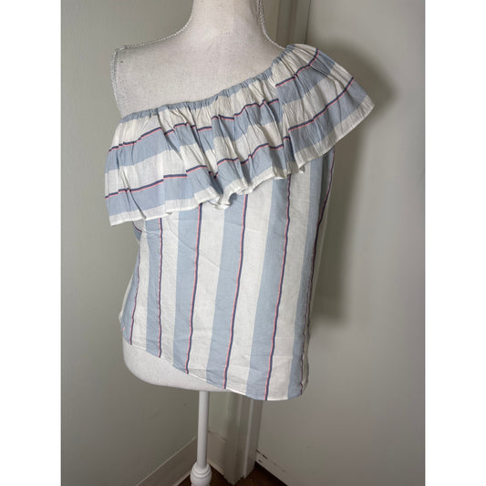 Parker One Ruffle Shoulder Blue and White Stripe Top Sz S