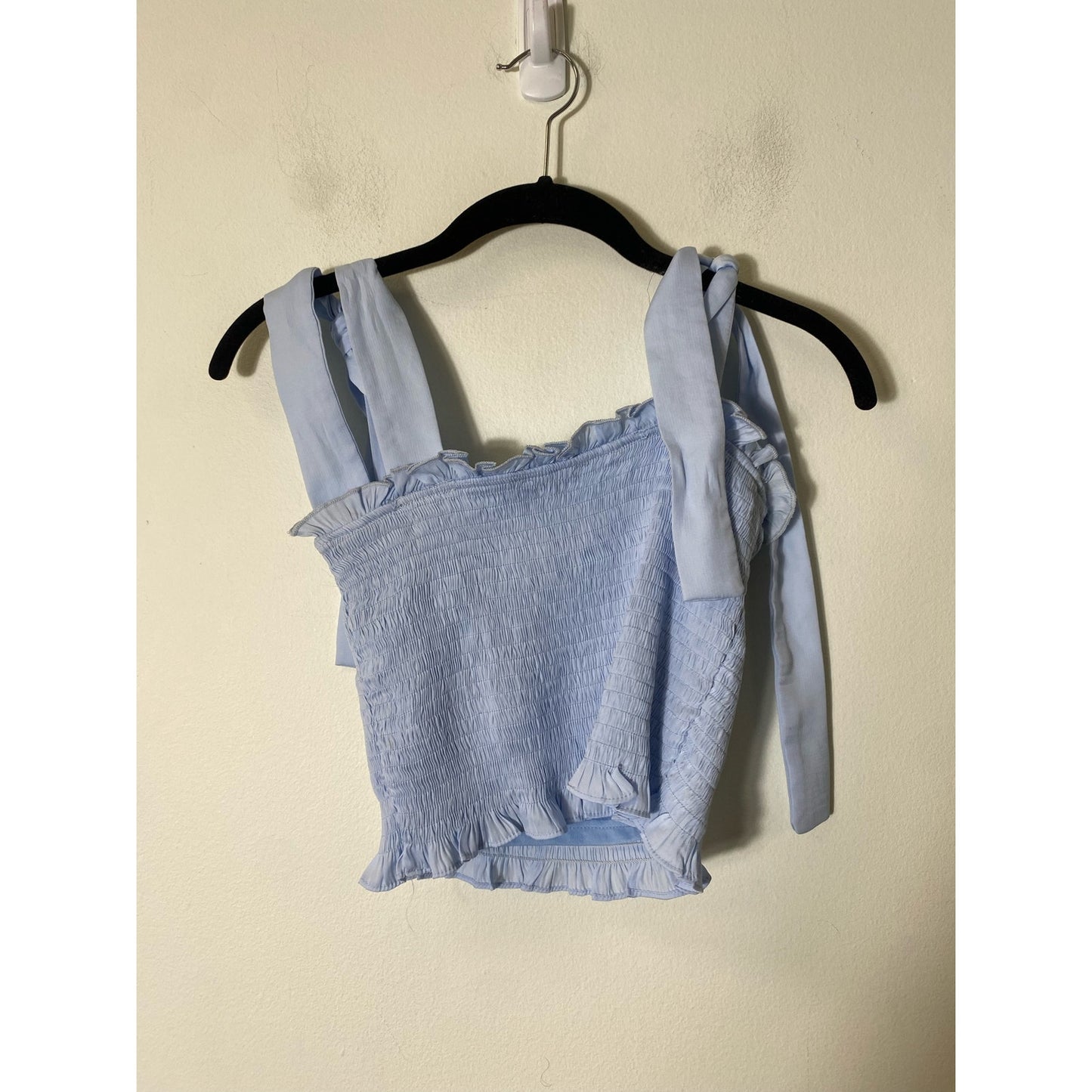 TCEC Baby Blue Cropped Smocked Top with Ribbon Straps Sz S