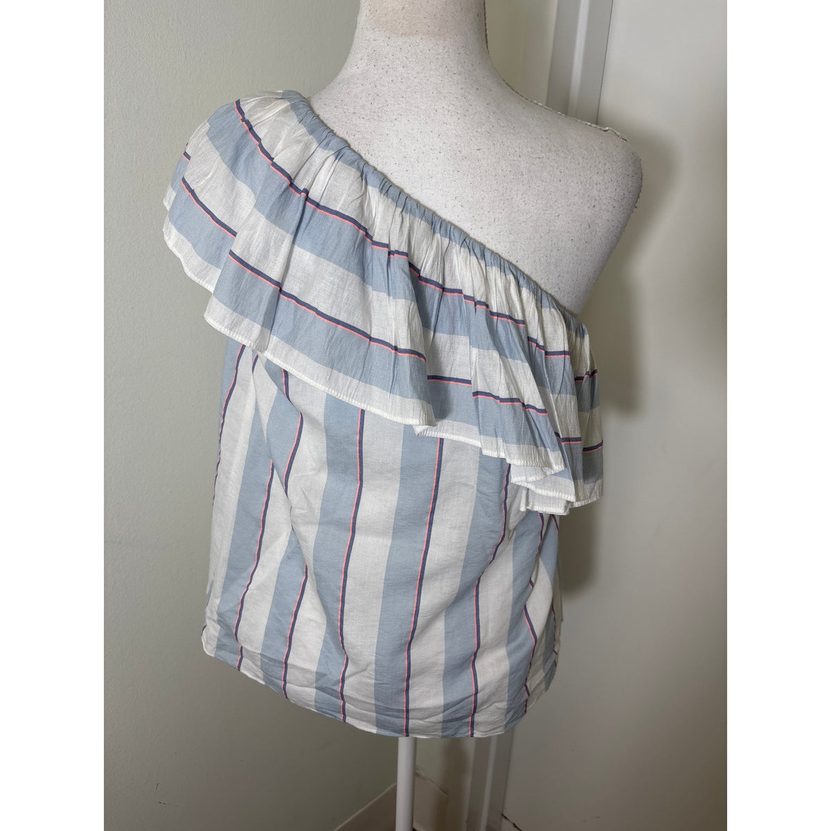 Parker One Ruffle Shoulder Blue and White Stripe Top Sz S