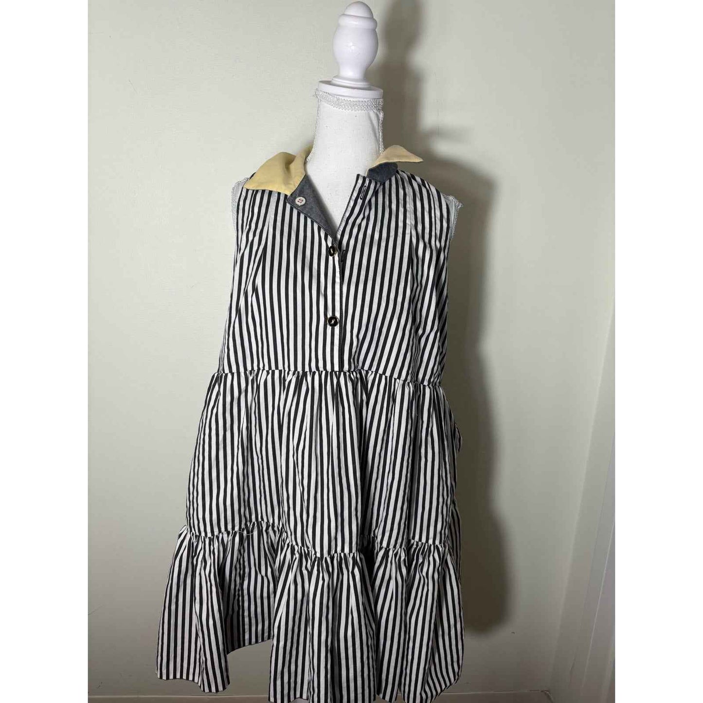 Buru Gray and Black and White Stripe Reversible Sleeveless Tiered Mini Dress Sz