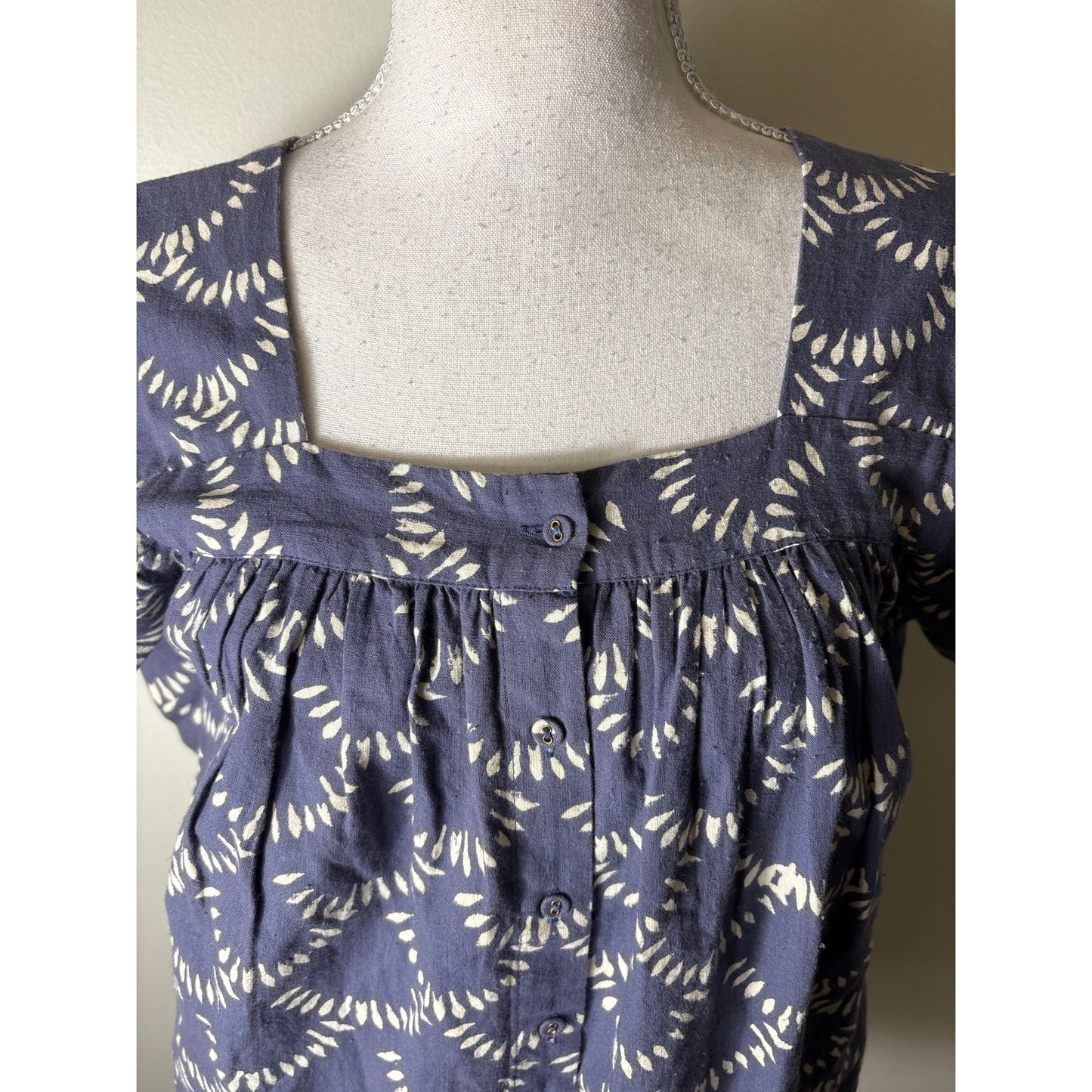 Mirth Blue and White Block Print Cotton Top Sz XS