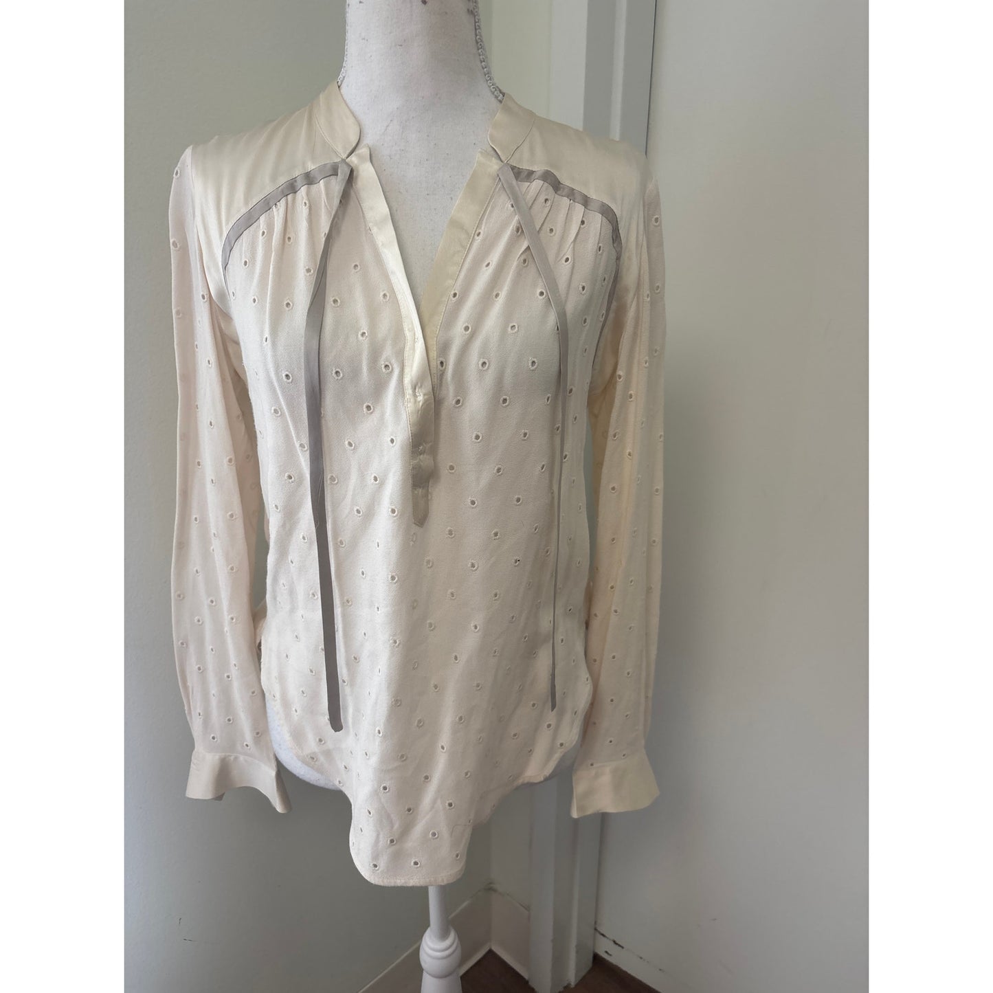 Rebecca Taylor Cream Eyelet Long Sleeve Mixed Media Shirt Sz 6
