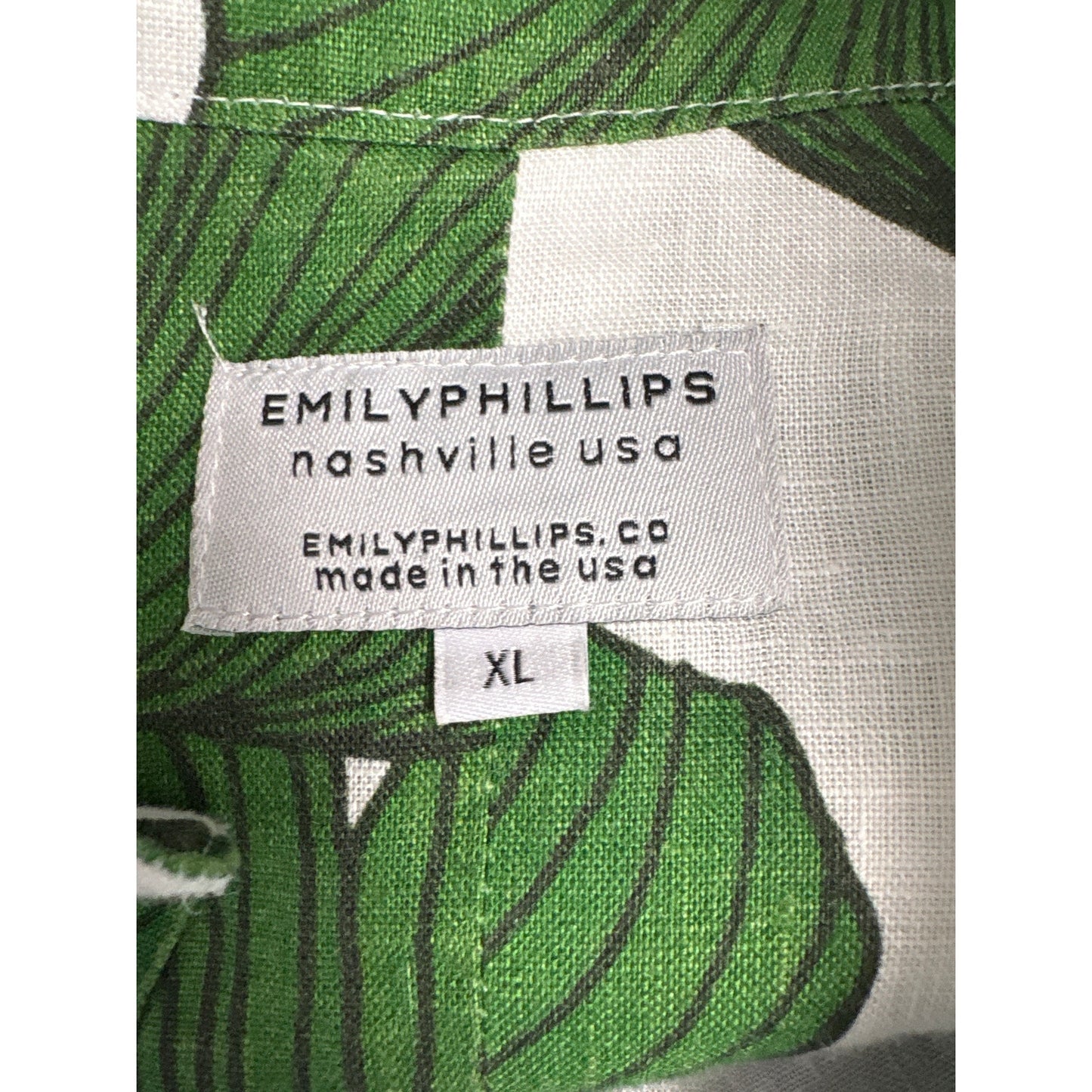 Emily Phillips Linen Green and White Leaf Button Up Shirt Sz XL