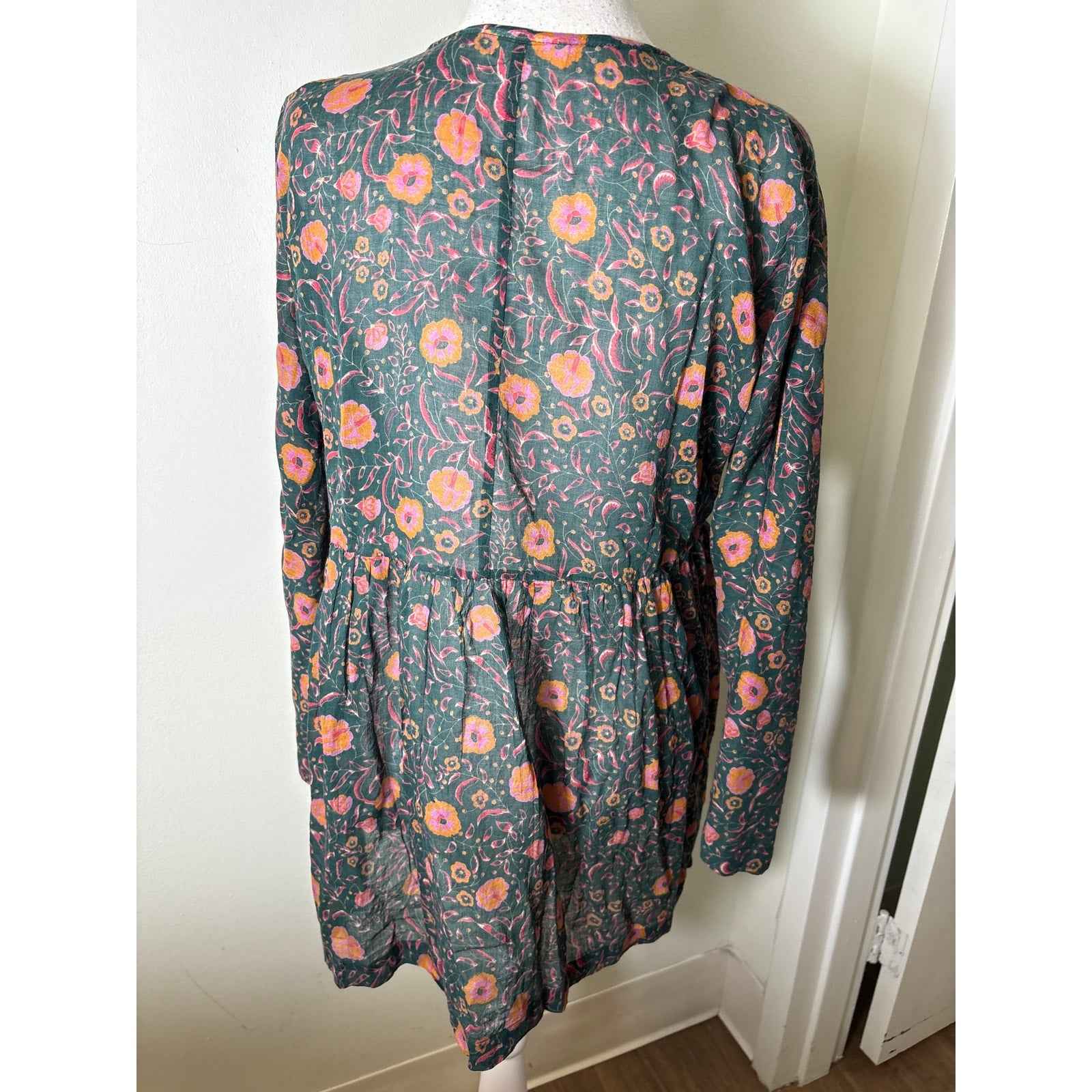Roller Rabbit Dark Green Floral Cotton Long Sleeve Tie-Over Top Sz S
