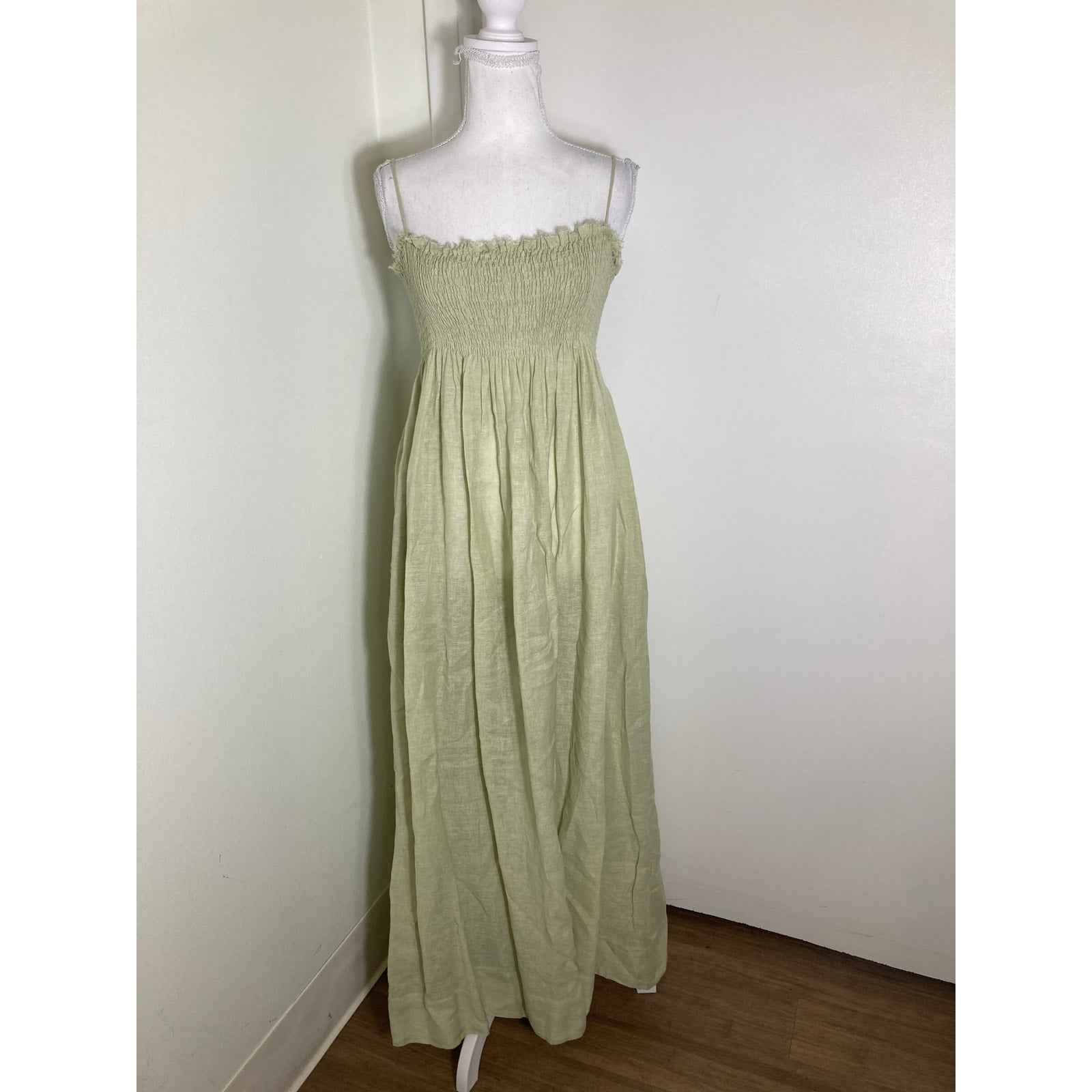 Three Graces Sage Green Smocked Maxi Linen Dress Sz10