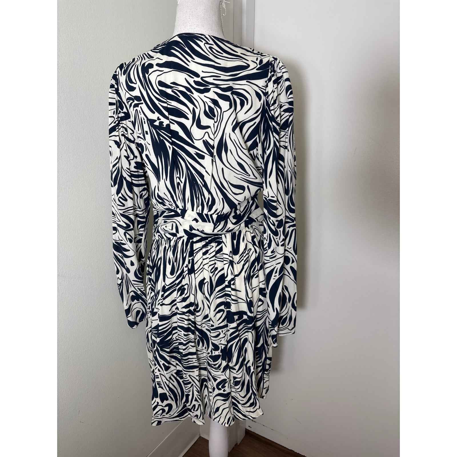 Ba&sh White and Navy Print Long Sleeve Knee Length "Lady" Dress Sz M