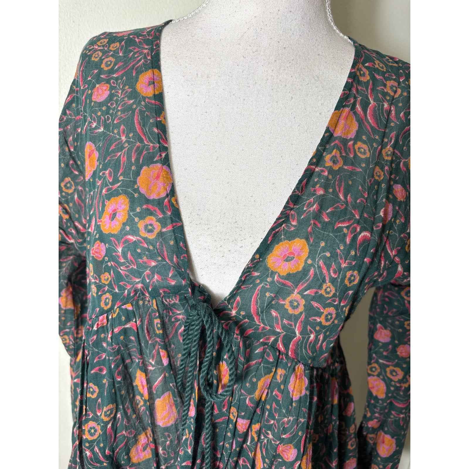Roller Rabbit Dark Green Floral Cotton Long Sleeve Tie-Over Top Sz S