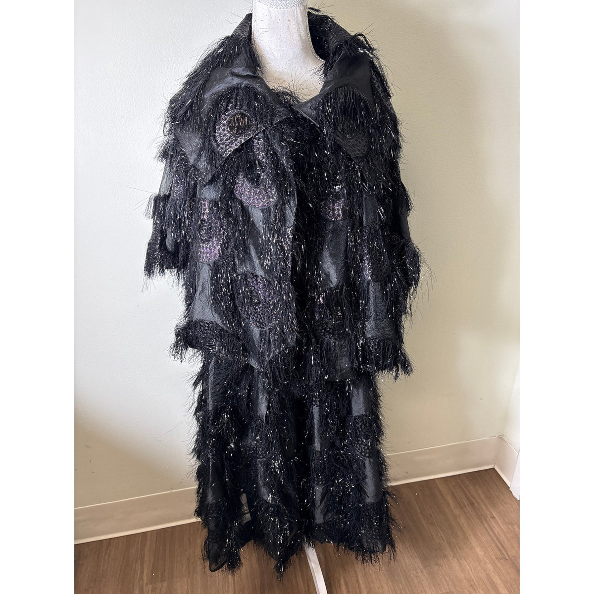 Buru Black  Fringed Car Coat and Skirt Set Sz XS/S