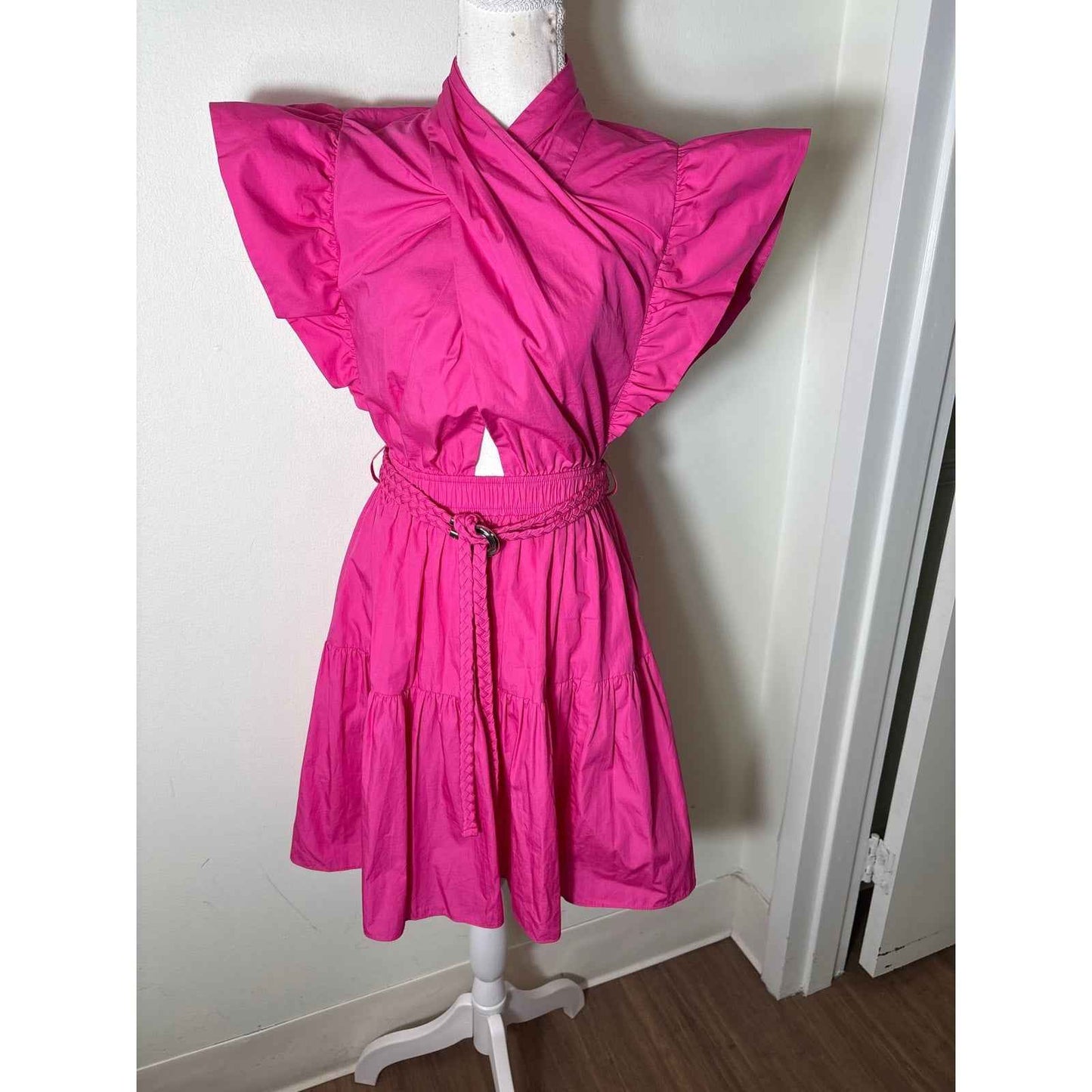 Derek Lam IO Crosby Hot Pink Flutter Sleeve Cotton Knee Length Dress Sz 0