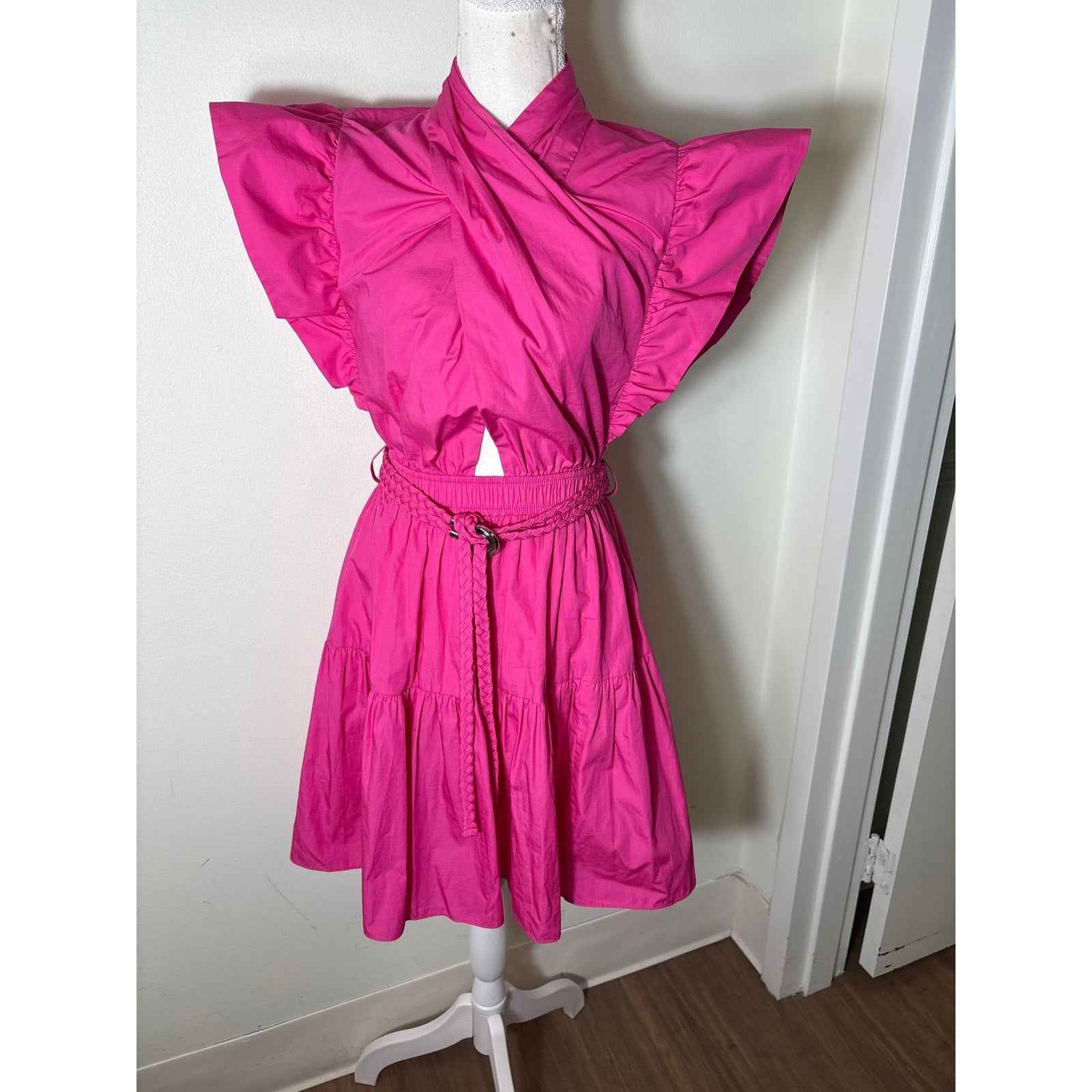 Derek Lam IO Crosby Hot Pink Flutter Sleeve Cotton Knee Length Dress Sz 0