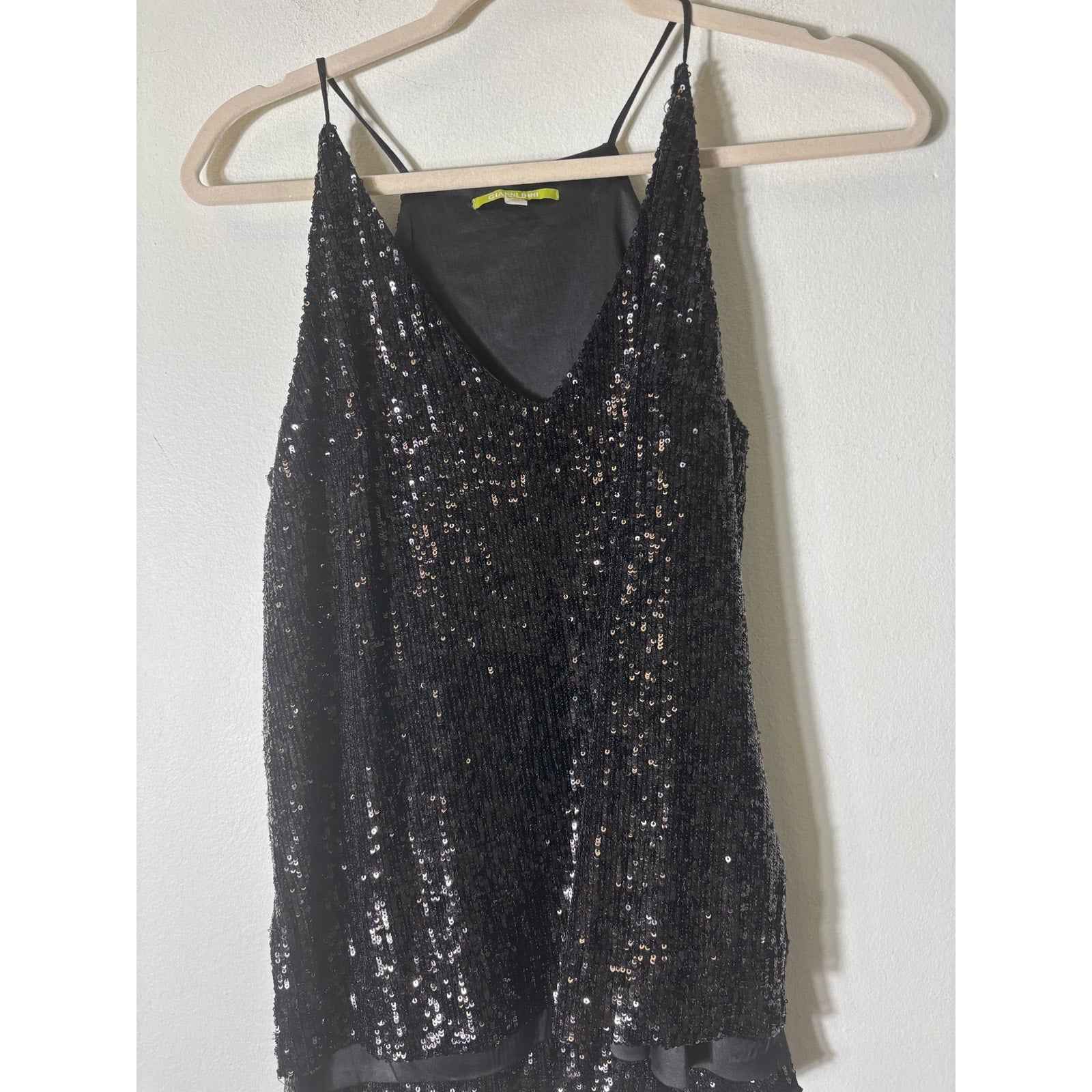 Gianni Bini Black Sleeveless Sequin Spaghetti Strap Special Occasion Top Sz XS