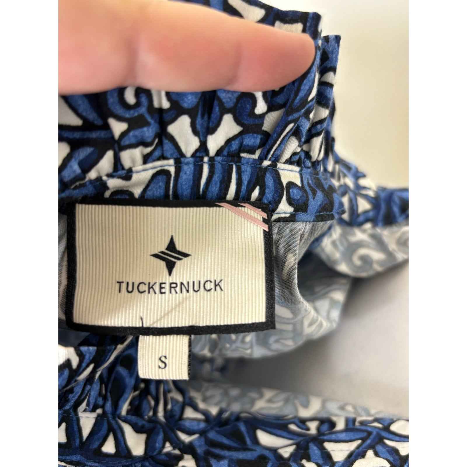 Tuckernuck Blue White Print Short Bell Sleeve V Neck Knee Length Dress Sz S
