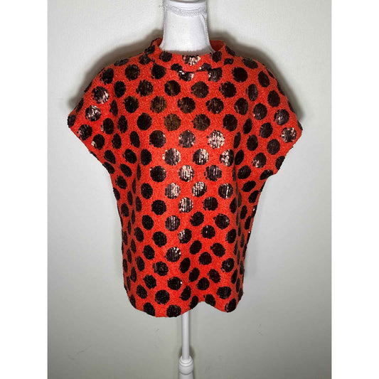 Ann Mashburn Orange W Brown Sequin Polka Dot Sweater Top Sz S