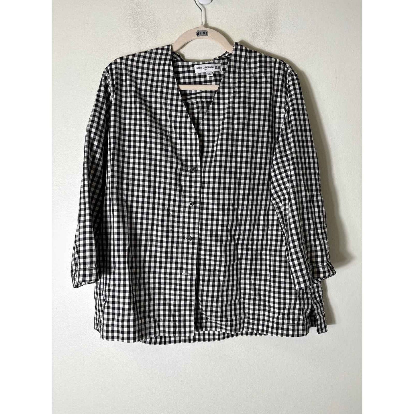 Ines de la Fressange Paris Black and White Gingham 3/4 Sleeve Sz XL