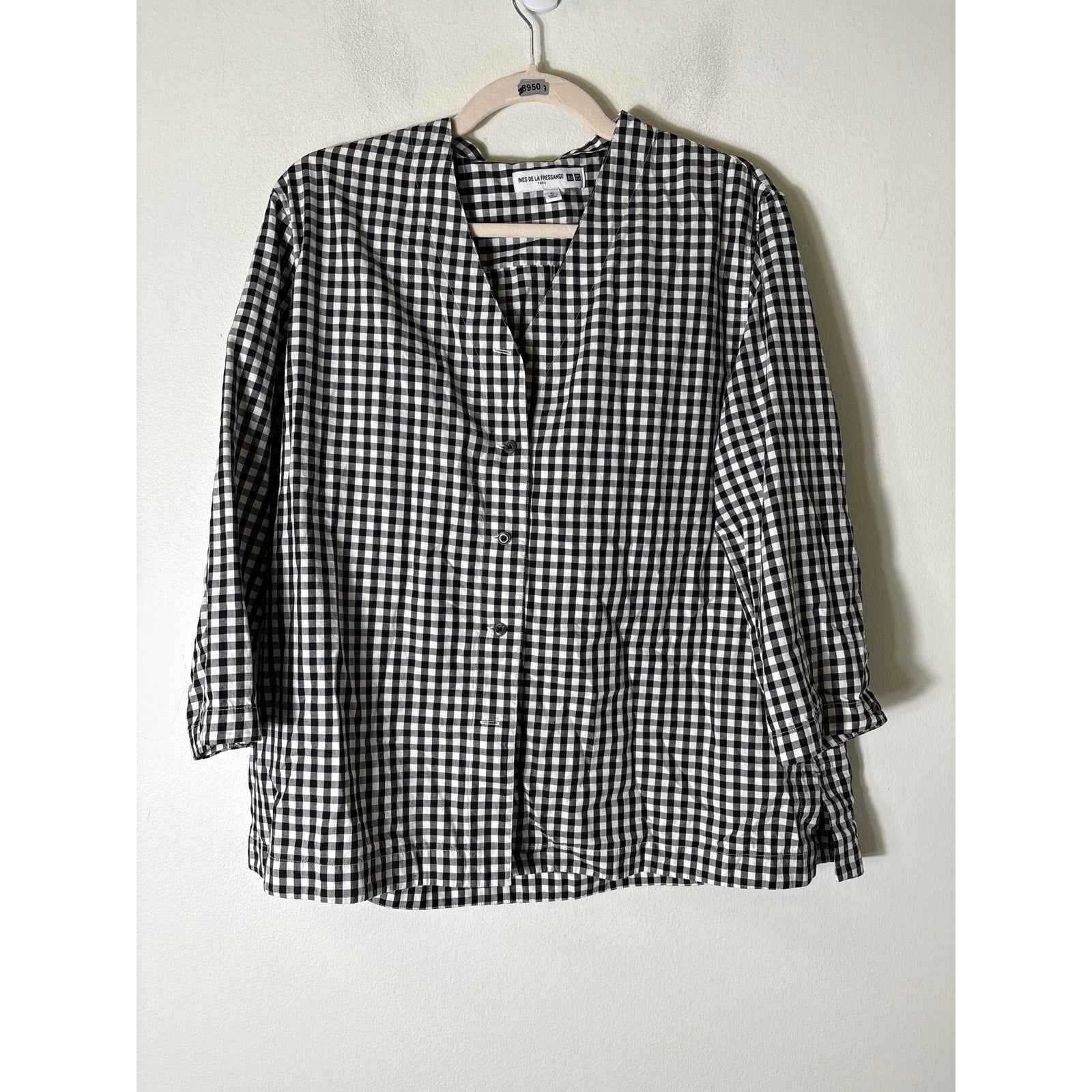 Ines de la Fressange Paris Black and White Gingham 3/4 Sleeve Sz XL