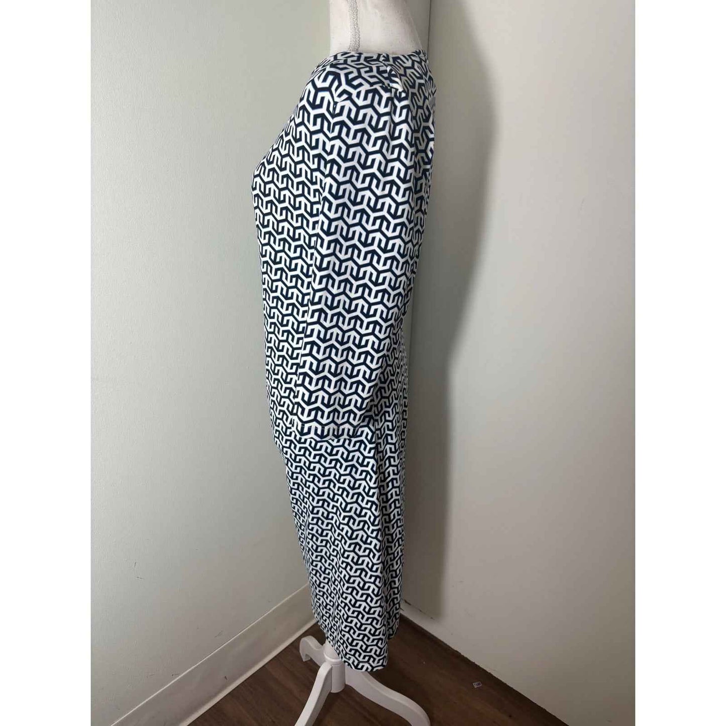 J. McLaughlin Black White Print 3/4 Sleeve Ruched Midi Dress Sz M