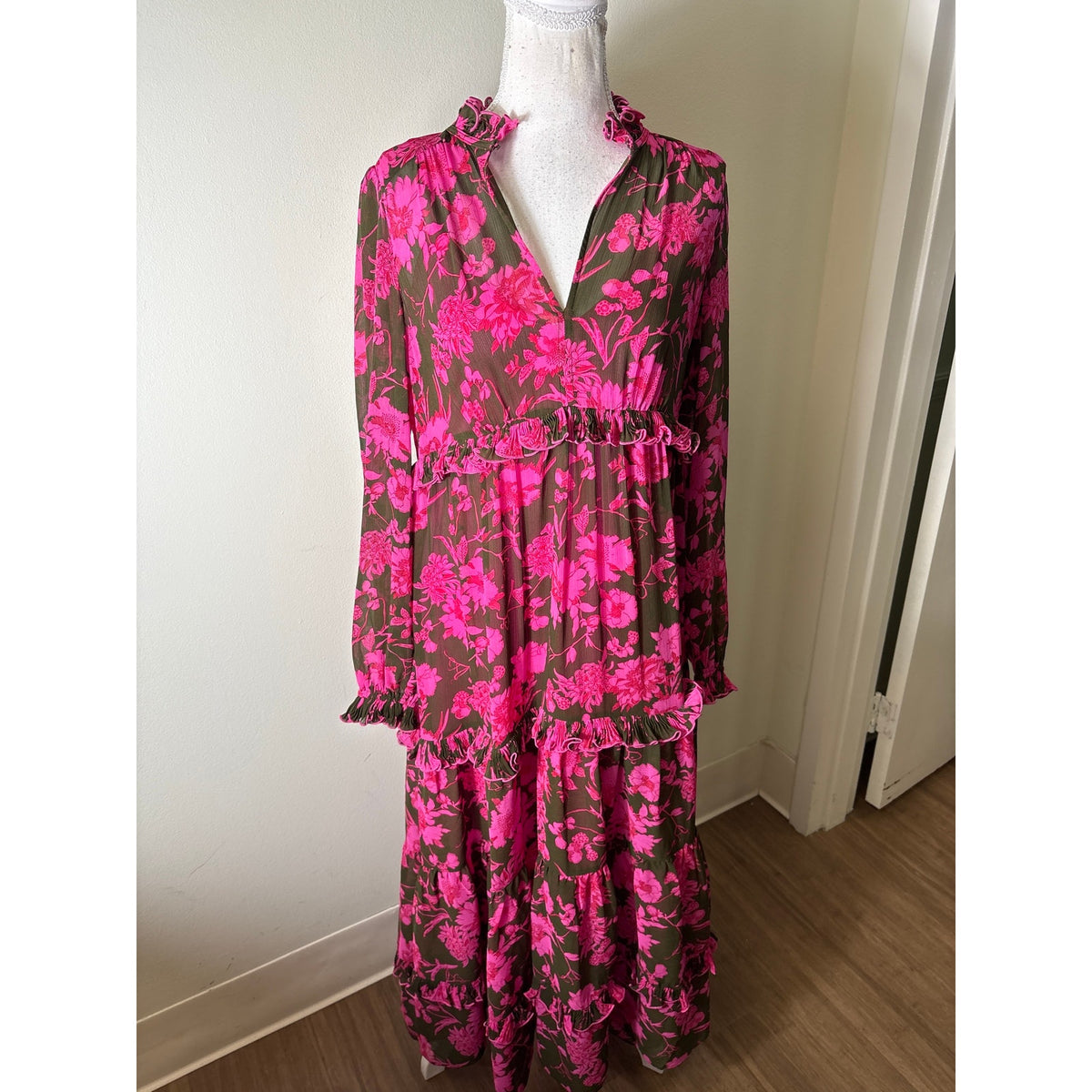 ME+EM Brown and Pink Floral Long Sleeve Maxi Dress Sz 6
