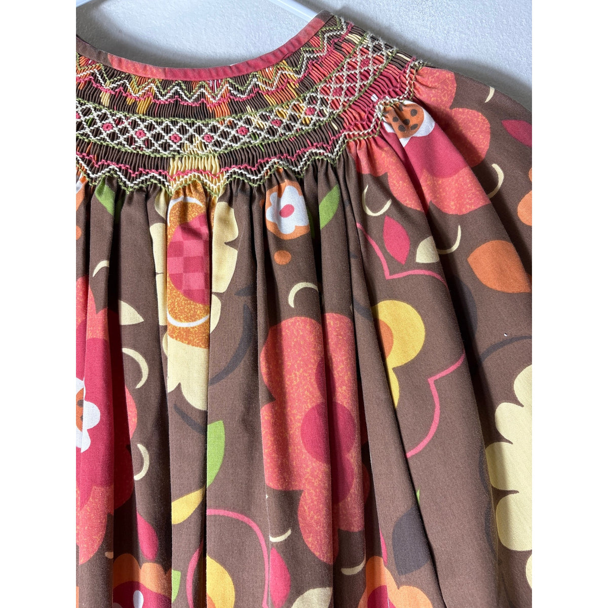 Girls Vintage Le'Za Me Brown, Red,Orange&Yellow Smocked Long SLeeve Dress Sz 7