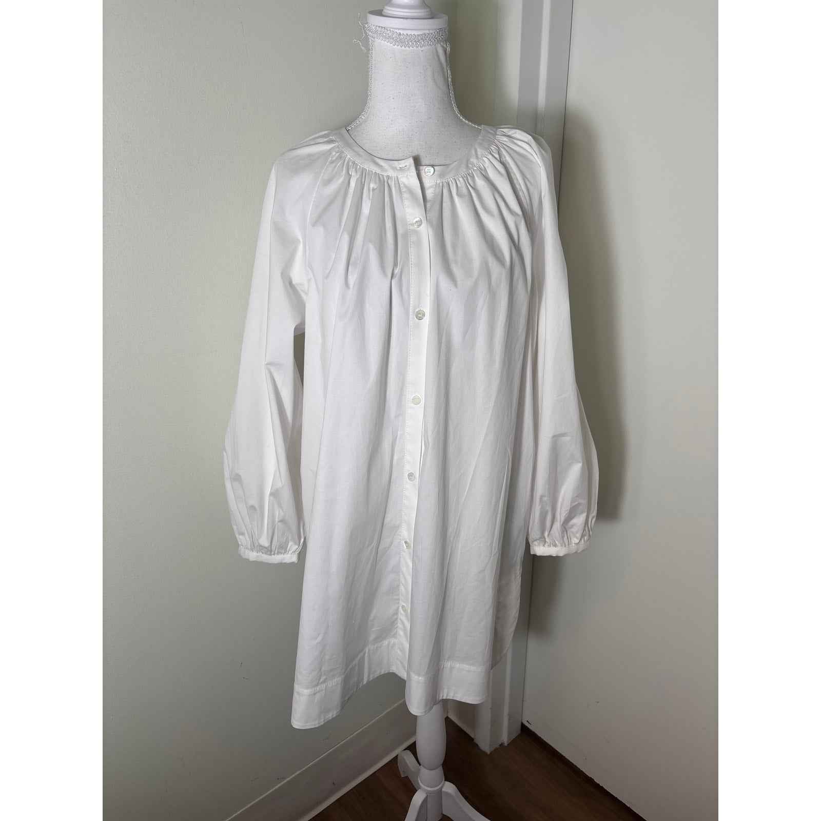 Staud White Long Puff Sleeve Cotton Button Up Mini Dress Sz L