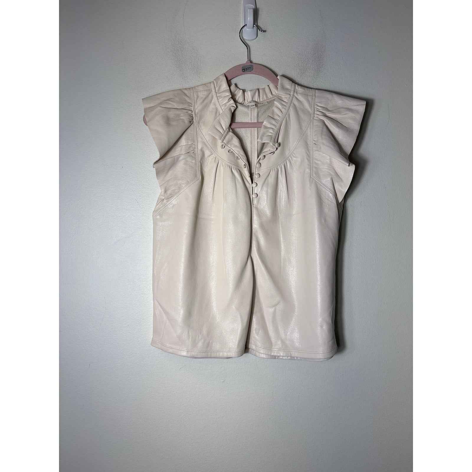 Melissa Nepton Cream Faux Leather Flutter Sleeve Top Sz M