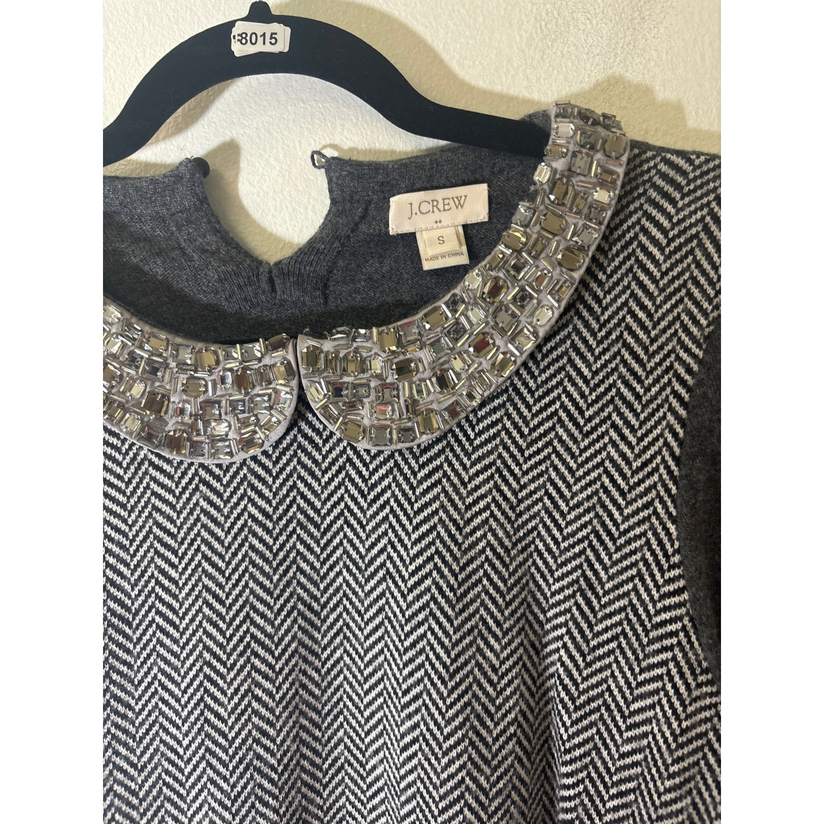 J.Crew Gray With Black and White Houndstooth Jeweled Collar Sweater Sz S