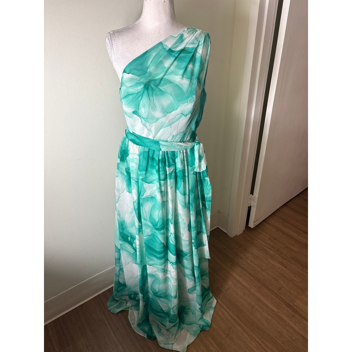 NWT Donna Karen Green Watercolor One Shoulder Floor Length Gown Sz 10