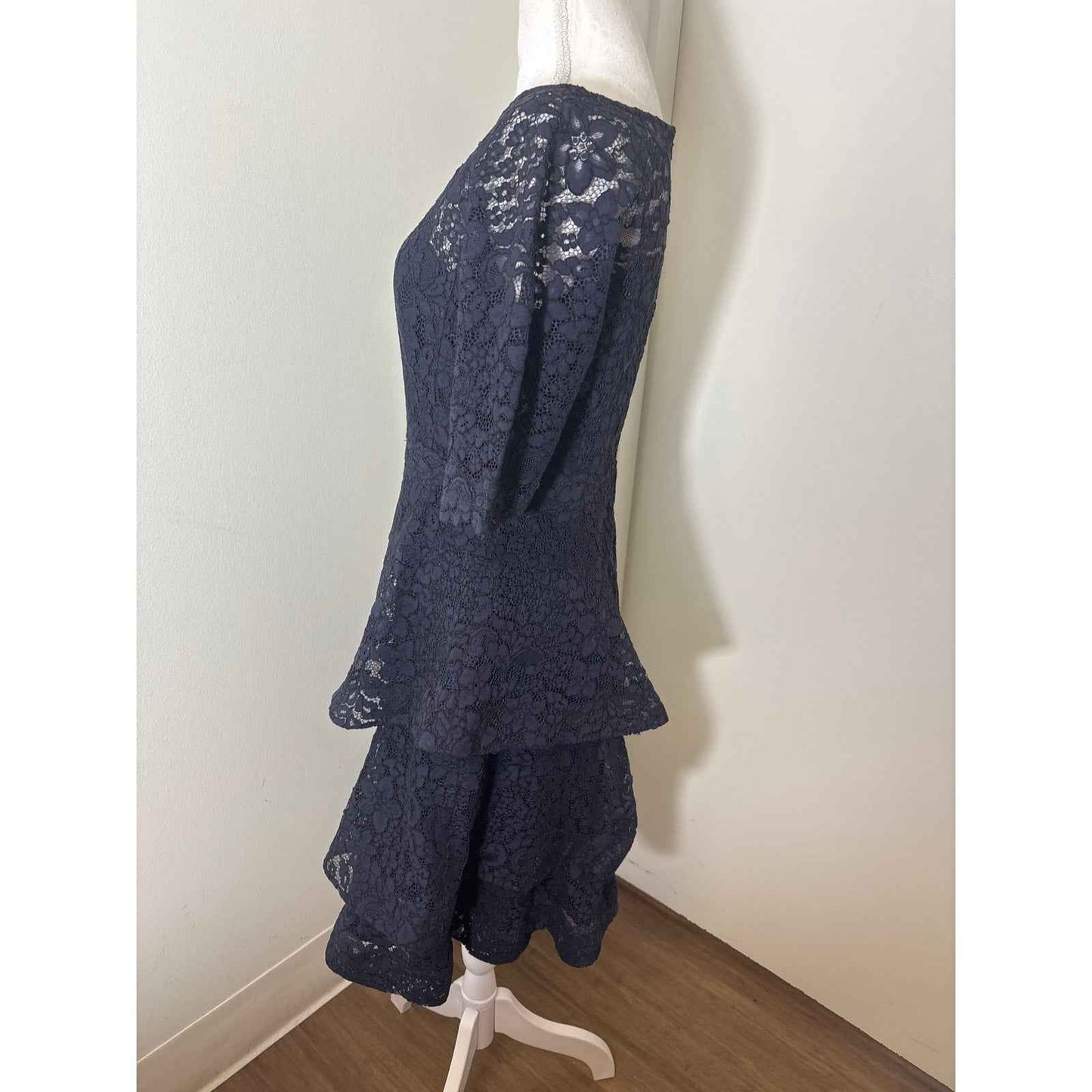 Teri Jon Navy Lace Tiered Midi Dress Sz 6