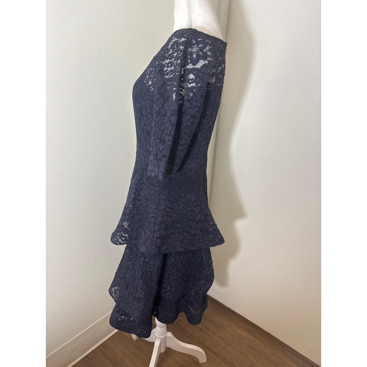 Teri Jon Navy Lace Tiered Midi Dress Sz 6