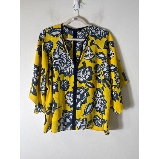 Zara Navy and Yellow Floral V-Neck Top Sz XL