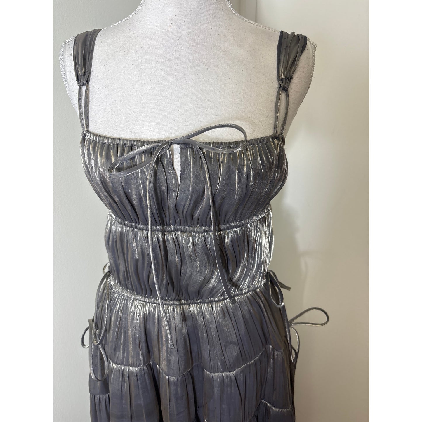 Ciao Lucia Gun Metal Pleated Tiered Long FLowy Special Occasion Dress Sz L