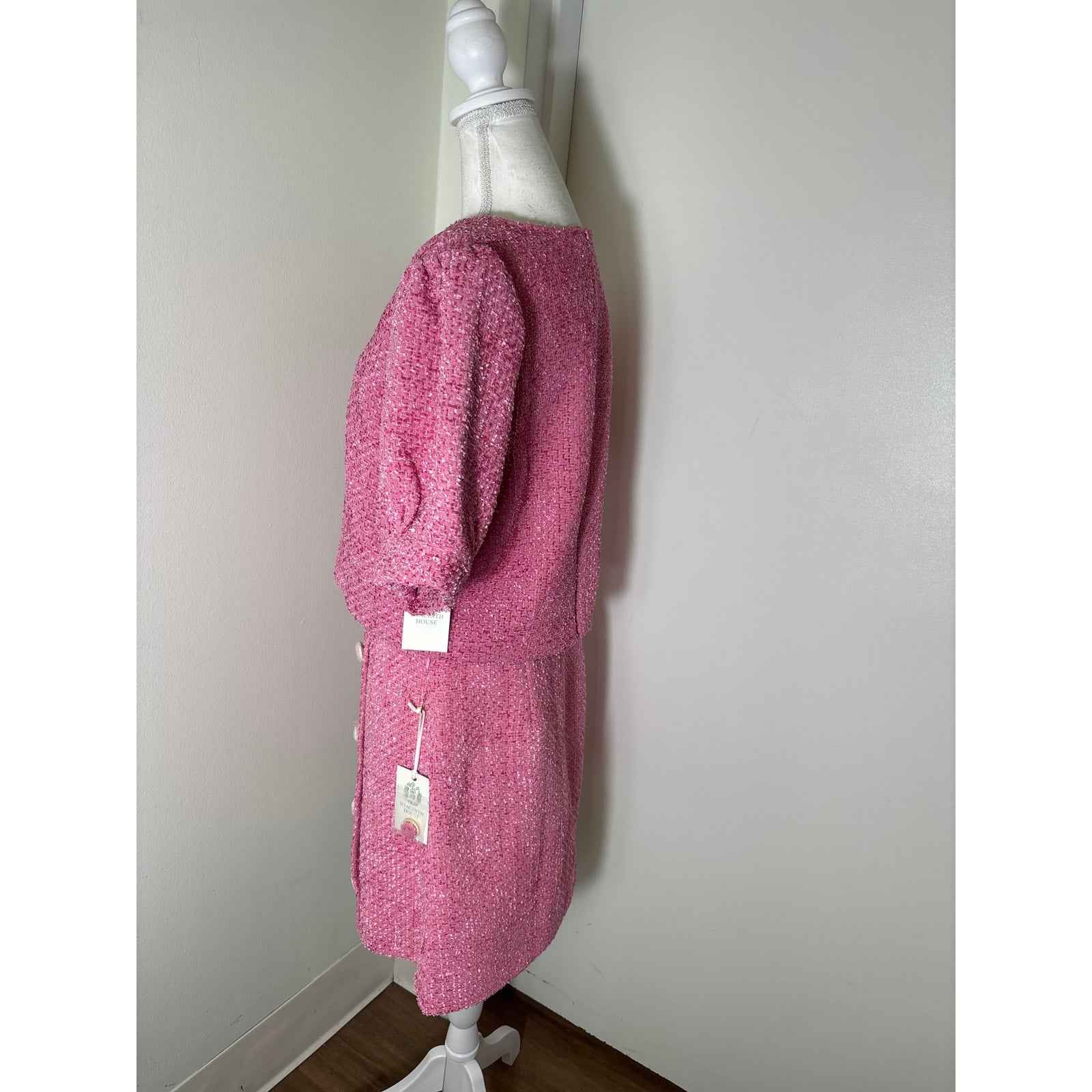 NWT Hyacinth House Berry Pink Tweed Half Puff Sleeve Skirt Suit Set Sz L