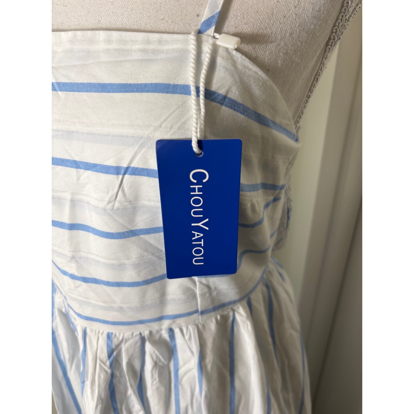 NWT Chou Yatou White Blue Stripe Cotton Maxi Dress Sz M