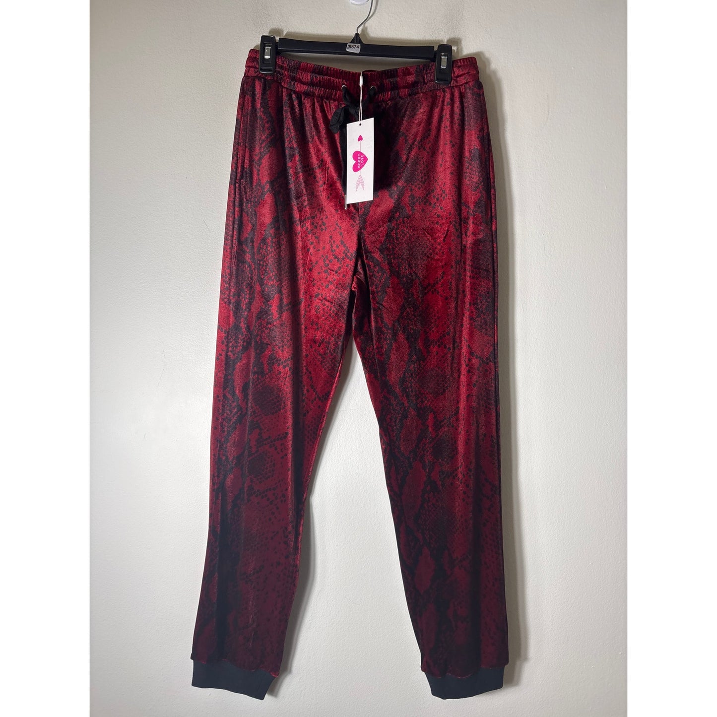 NWT Buddy Love Red and Black Snake Print Velvet Pants Sz L