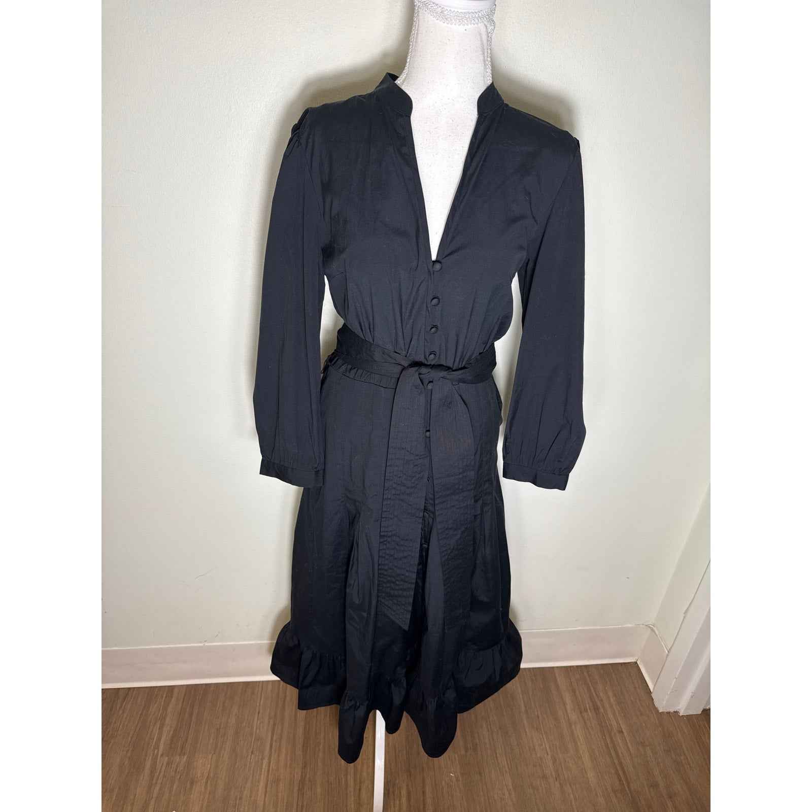 Veronica Beard Black Long Sleeve Cotton Button Up Midi Dress Sz 6