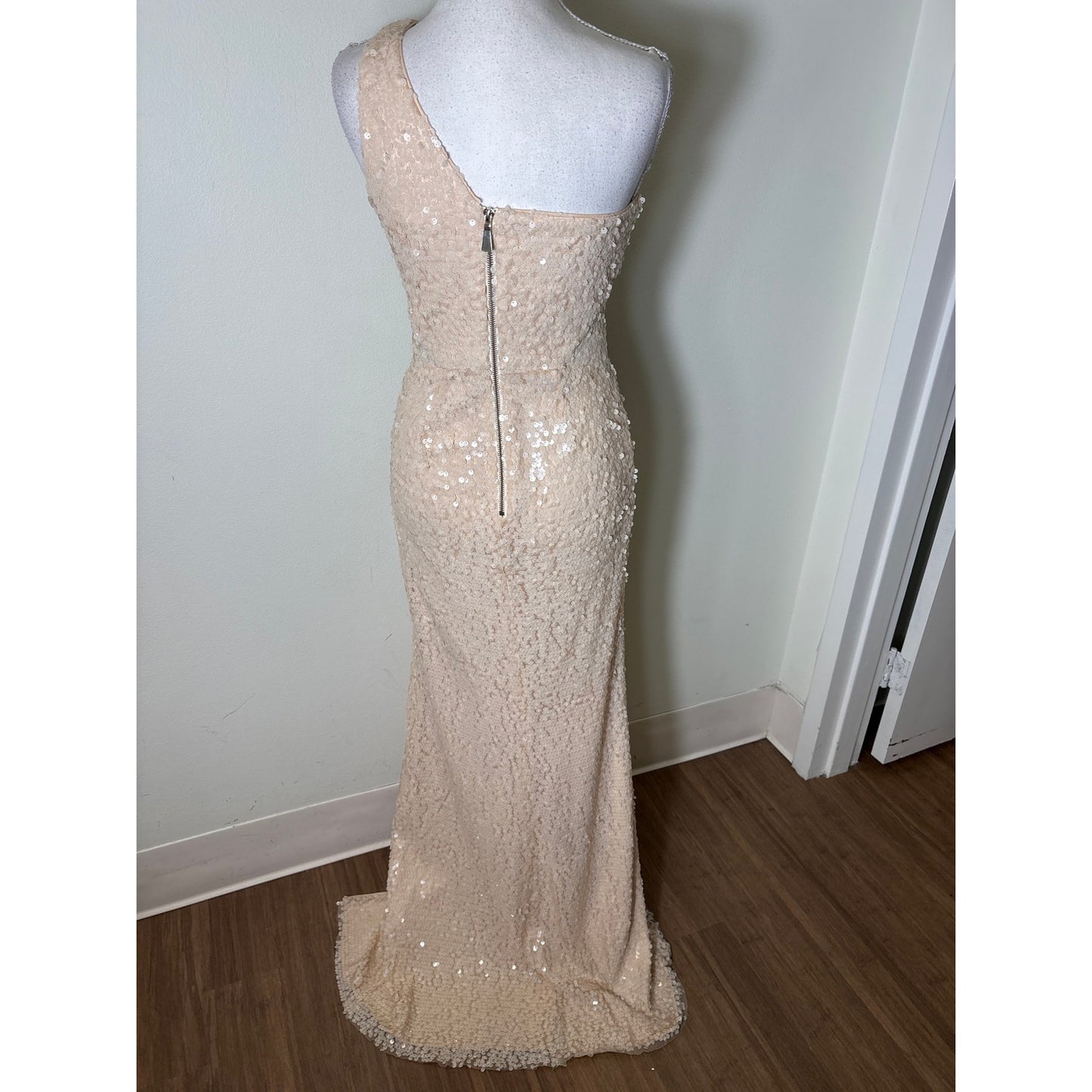 Jay Godfrey Peach Sequin Mesh Side Cutouts One Shoulder Column Gown Sz 2