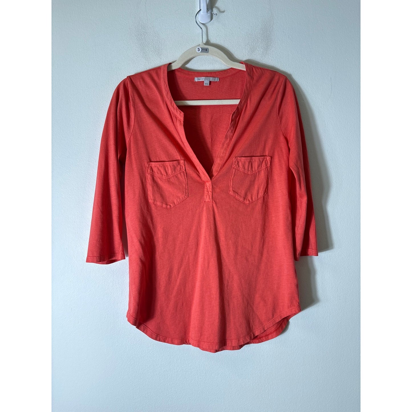 Gap Melon Orange 3/4 Sleeve V-Neck Cotton Shirt Sz S