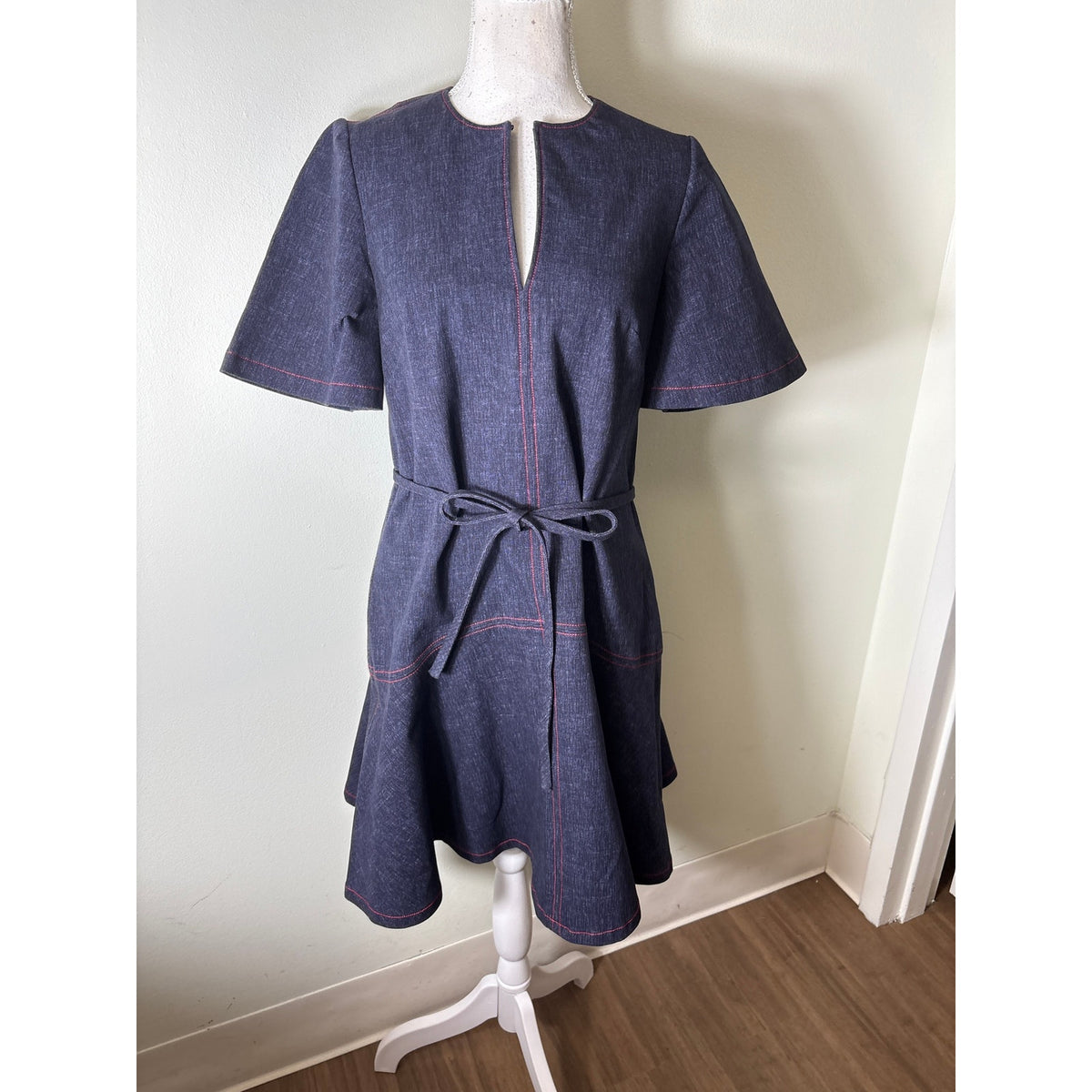 Pearl By Lela Rose Denim With Red Stitching Flare Dress Sz XS
