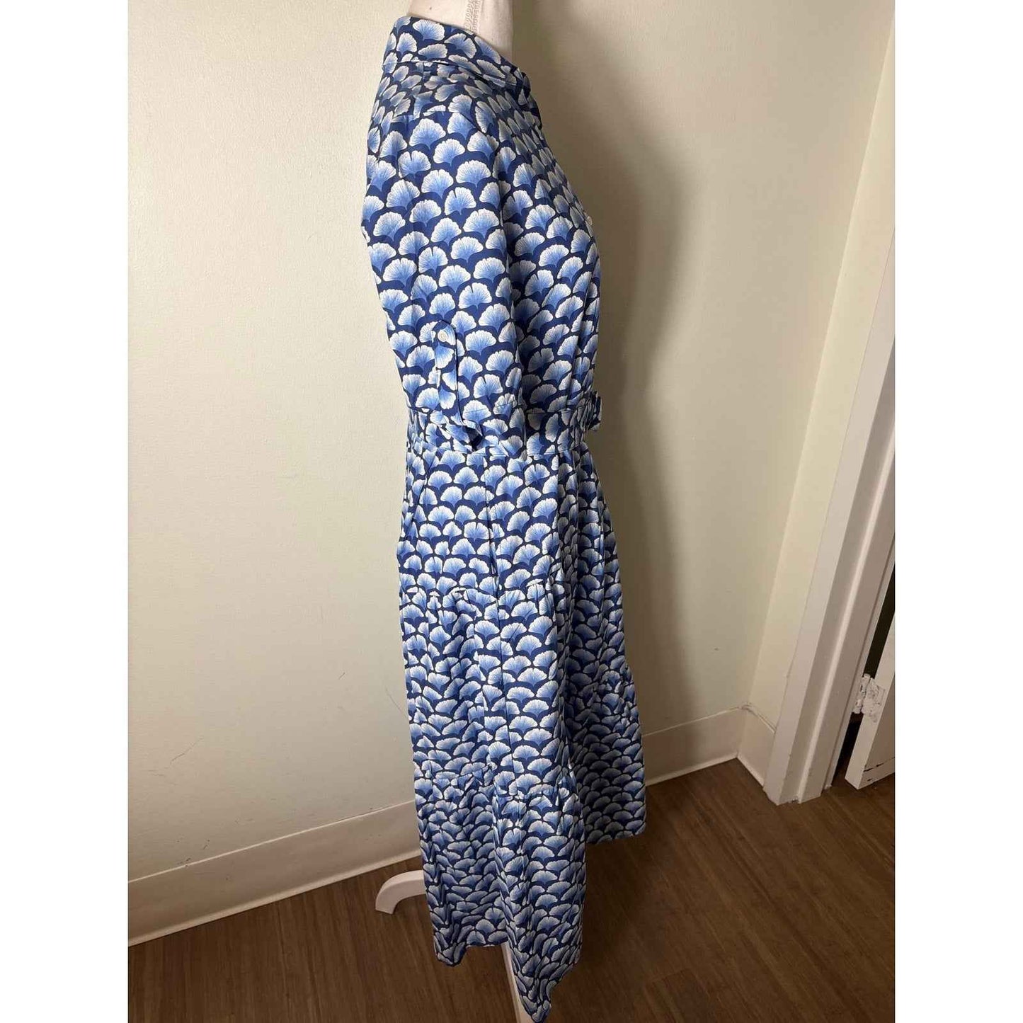 J. McLaughlin Blue White Leaf Print Half Sleeve Maxi Dress Sz S